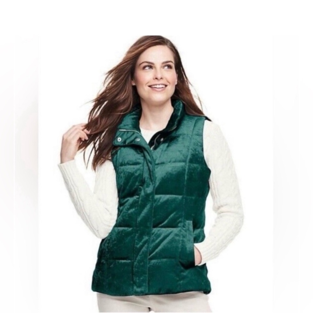 Lands End XS Emerald Green Effortless Velvet Puffer Vest Cabincore Preppy Coze